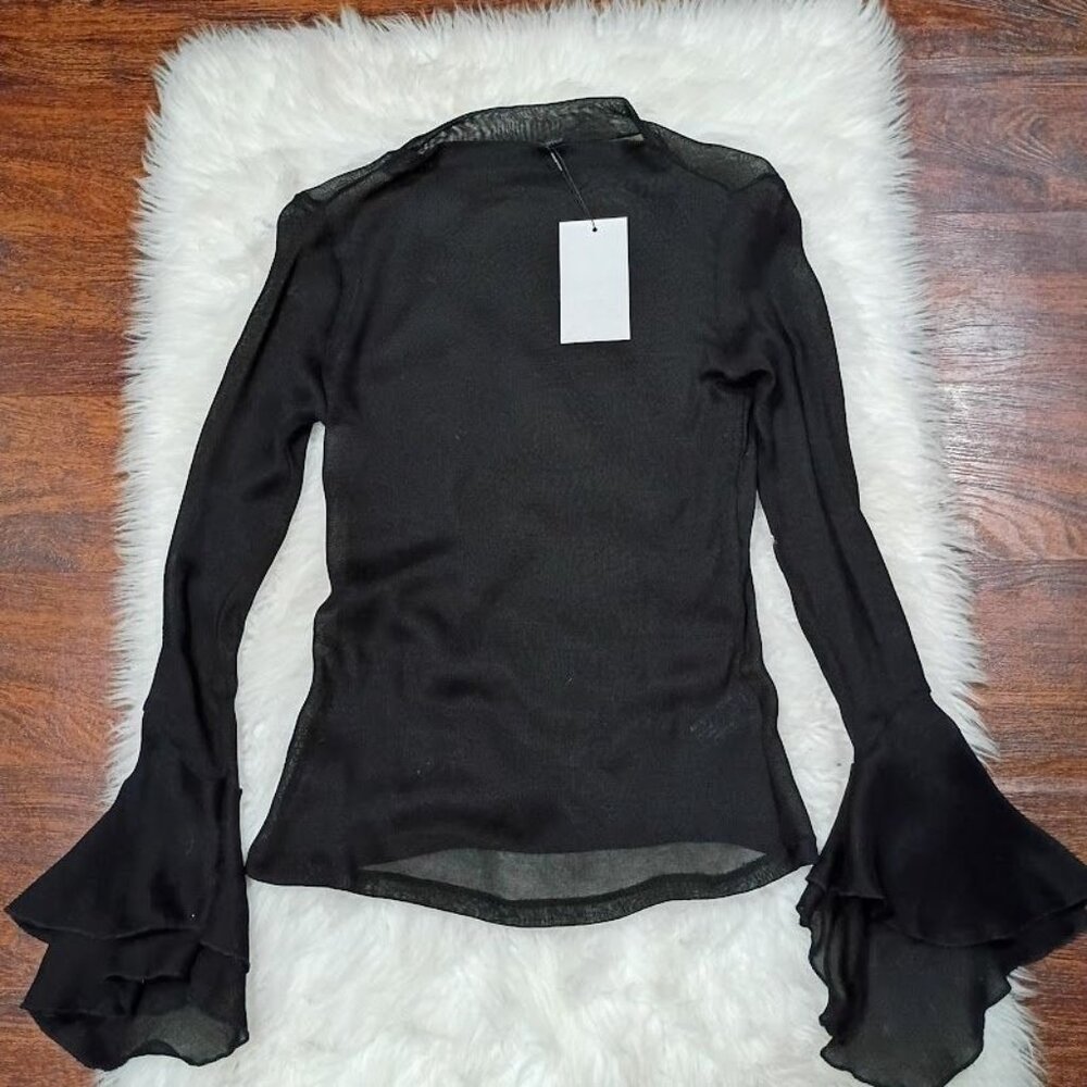 Zara Black Sheer Blouse With Ruffle Cuffs Womens S - Picture 2 of 10